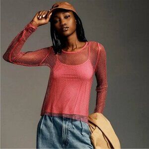 Anthropologie Sunday in Brooklyn Pink Rhinestone Mesh Top w Camisole
